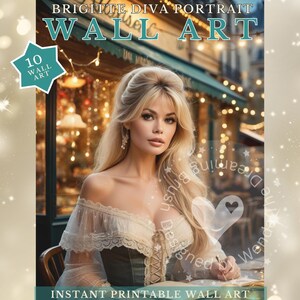 May include: Digital wall art print featuring a portrait of a woman with blonde hair, wearing a corset-style top. The image includes text that reads "WALL ART" and "INSTANT PRINTABLE WALL ART."
