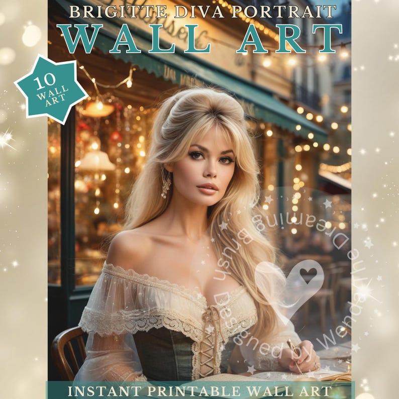 May include: Digital wall art print featuring a portrait of a woman with blonde hair, wearing a corset-style top. The image includes text that reads "WALL ART" and "INSTANT PRINTABLE WALL ART."