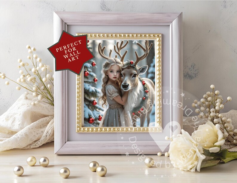 May include: A framed print featuring a young girl embracing a reindeer in a winter forest scene. The print has a gold border and is set in a white frame. The image includes the text "PERFECT FOR WALL ART" on a red star-shaped graphic.