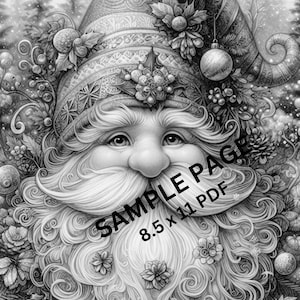 May include: A black and white illustration of a whimsical Christmas gnome with a detailed hat and beard. The gnome is surrounded by intricate floral designs and a festive ornament.