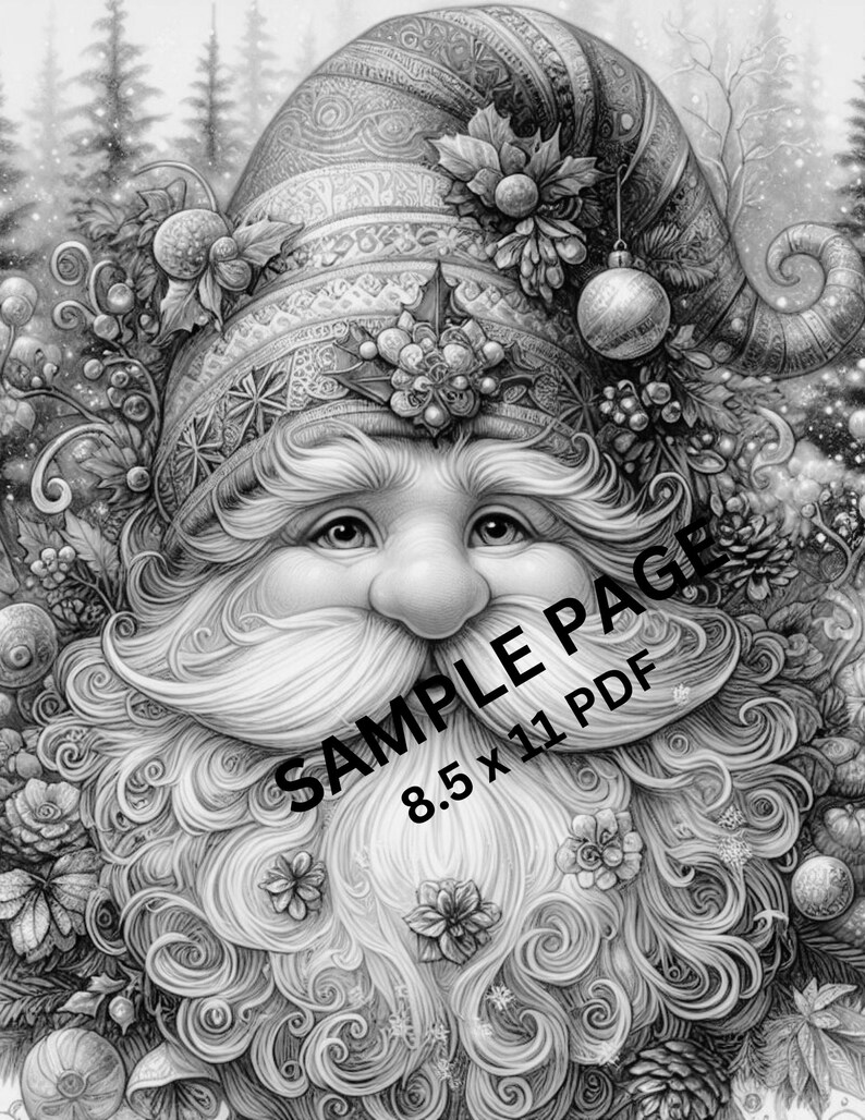 May include: A black and white illustration of a whimsical Christmas gnome with a detailed hat and beard. The gnome is surrounded by intricate floral designs and a festive ornament.