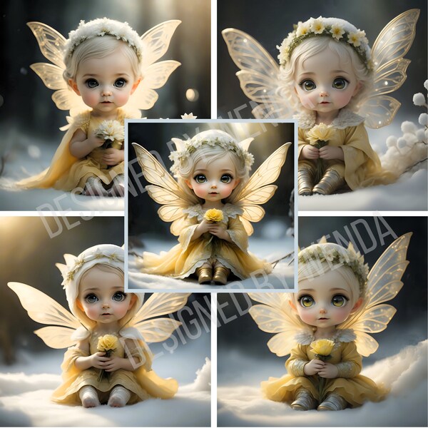 5 Winter's Enchanting Christmas Snow Fairy designs in frosty lemon, a Captivating Christmas Tale in Breathtaking Images digital download art