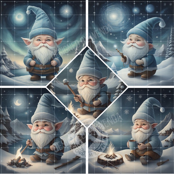 5 Gnomes of the Arctic Skies: Van Gogh-Inspired Art, Starry Night and Twinkling Snowflakes - Instant Digital Downloads, Home Décor Art Print