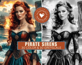 Pagine da colorare fantasy con sirene pirata / Junk Journal / Scala di grigi e a colori / Download digitale