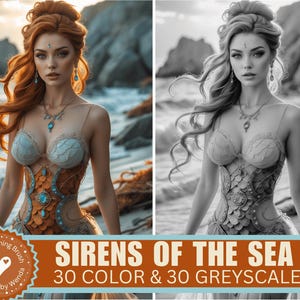 Moonlit Sirens of the Sea – 30 Grayscale + 30 Full-Color Mermaid Fantasy Pages, Ocean Goddess Digital Art, Digital Coloring, Scrapbook
