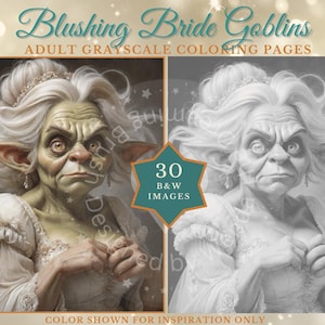 Kolorowanki Rumieniące się Goblin Brides | 30 Scen Ślubnych Fantazji w Skali Szarości | Psotne i Romantyczne Goblin Brides | Natychmiastowe Pobieranie PDF