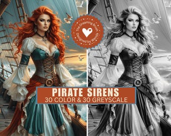 Illustrazione fantasy di pirati e sirene / Disegno digitale da colorare per junk journal / Download stampabile