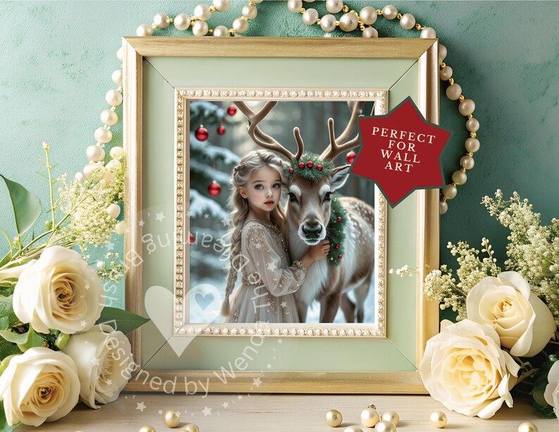 May include: A framed print featuring a young girl with a reindeer in a winter scene. The girl wears a light-colored dress and embraces the reindeer, which has a wreath around its neck. The frame is light green with gold accents.