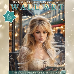 May include: A digital art print featuring a woman with blonde hair, wearing a cream-colored lace top, and holding a book. The text "WALL ART" and "INSTANT PRINTABLE WALL ART" are visible. The artwork has a vintage aesthetic.