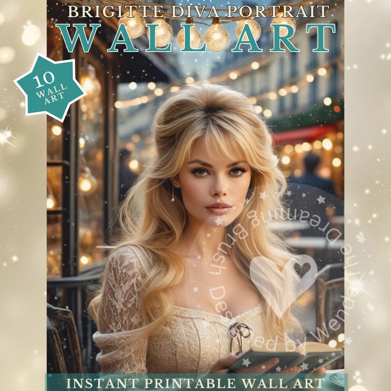 May include: A digital art print featuring a woman with blonde hair, wearing a cream-colored lace top, and holding a book. The text "WALL ART" and "INSTANT PRINTABLE WALL ART" are visible. The artwork has a vintage aesthetic.