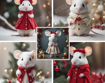 Afdrukbare kunst kerstmuis | 5 png-afdrukken | Digitale download voor de feestdagen