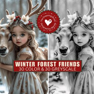 May include: A digital illustration of a young girl with long blonde hair, wearing a floral crown and a dress, hugging a reindeer with large antlers. The image has a winter forest theme with the text "WINTER FOREST FRIENDS 30 COLOR & 30 GREYSCALE".