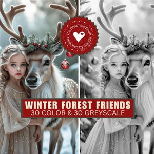May include: A digital illustration featuring a young girl with blonde braids embracing a reindeer adorned with a wreath and ornaments. The image is set in a winter forest with a Christmas tree and the text "WINTER FOREST FRIENDS 30 COLOR & 30 GREYSCALE".