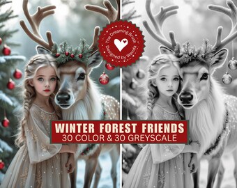 Woodland Coloring Christmas | Reindeer Forest Friends Holiday | Grayscale Digital Download