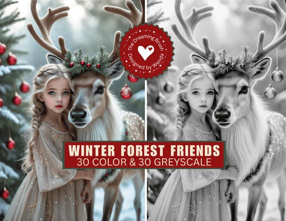 Woodland Coloring Christmas | Reindeer Forest Friends Holiday | Grayscale Digital Download