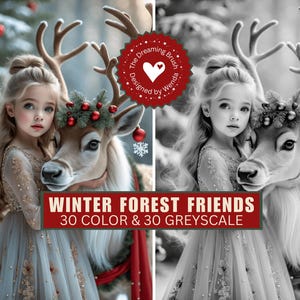 May include: A young girl in a light blue dress with gold accents, posing with a reindeer adorned with a festive wreath. The image has the text "WINTER FOREST FRIENDS 30 COLOR & 30 GREYSCALE" and a logo that says "The Dreaming Brush Designed by Wenda".