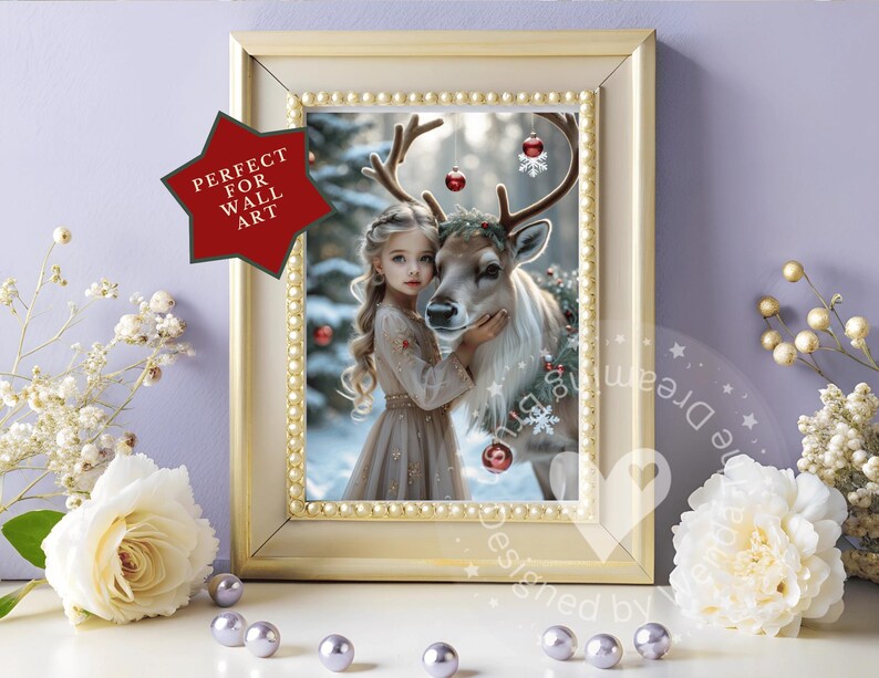May include: A framed print featuring a young girl with long blonde hair and a reindeer. The image has a winter theme with red ornaments and a snowy background. The frame is gold with a pearl-like border. A red star-shaped tag reads "PERFECT FOR WALL ART."