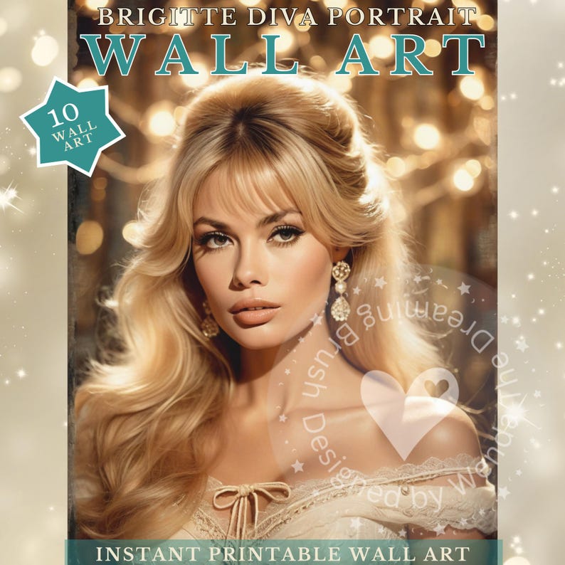 May include: A digital wall art print featuring a portrait of a woman with blonde hair and a cream-colored dress. The text "WALL ART" and "INSTANT PRINTABLE WALL ART" are visible. The image has a vintage aesthetic.