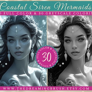 Coastal Siren Mermaids Coloring Pages – 30 Grayscale + 30 Color Fantasy Mermaid Art, Ocean Elves, Digital Download, Junk Journal PDF
