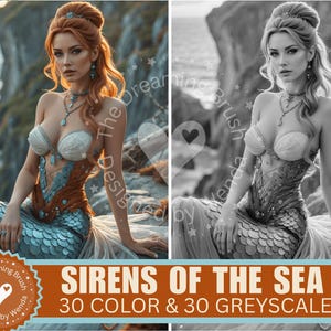 Tropical Sirens of the Sea – 30 Full-Color + 30 Grayscale Mermaid Coloring Pages, Fantasy Art PDF, Ocean Beauties, Instant Download