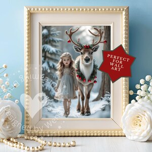 May include: Framed wall art featuring a young girl and a reindeer in a snowy forest scene. The reindeer wears a festive wreath and red ornaments. The frame is gold-colored, and the art is labeled "Perfect for Wall Art."