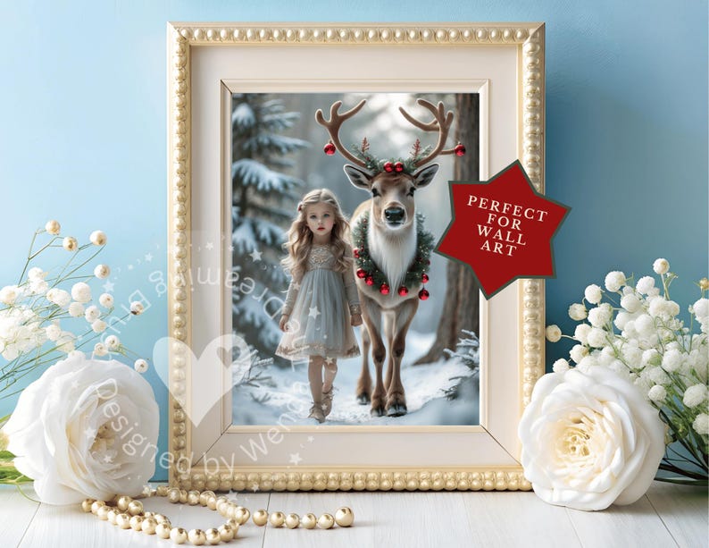 May include: Framed wall art featuring a young girl and a reindeer in a snowy forest scene. The reindeer wears a festive wreath and red ornaments. The frame is gold-colored, and the art is labeled "Perfect for Wall Art."