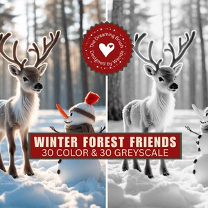 May include: A digital art print featuring a reindeer and a snowman in a snowy forest setting. The reindeer has large antlers and is standing next to a snowman wearing a hat and scarf. The text "WINTER FOREST FRIENDS" is displayed on a red banner.