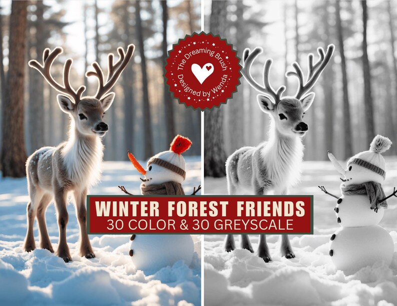 May include: A digital art print featuring a reindeer and a snowman in a snowy forest setting. The reindeer has large antlers and is standing next to a snowman wearing a hat and scarf. The text "WINTER FOREST FRIENDS" is displayed on a red banner.