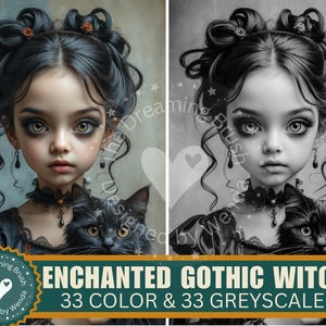 Gothic Witch Princess Coloring Pages: Fantasy Art, Grayscale & Color (PDF Download)