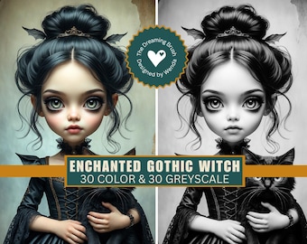 Gothic Witch Princess Coloring Pages: Fantasy Art, Grayscale & Color (PDF Download)