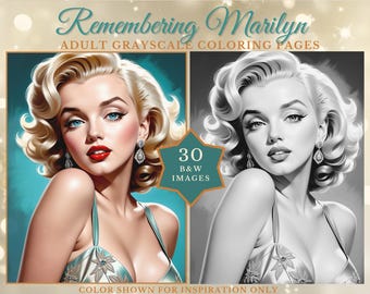 Marilyn-inspirierte Hollywood Diva Malbuch – 30 Graustufen Malbuch im 1950er Jahre Beauty, Glamour & Pinup Stil