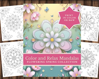 Spring Floral Mandala Coloring Book | Printable Adult Coloring Pages | Full Color + Grayscale PDF Digital Download