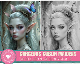 Kobold oder Elfen Frauen Malbuch: 30 Graustufen Fantasy Seiten (PDF)