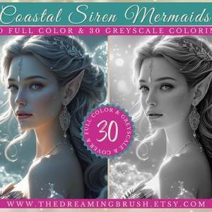 Coastal Siren Mermaids – 30 Grayscale Coloring Pages + 30 Color Fantasy Art, Beach Mermaid Coloring, Ocean Junk Journal, Instant Download