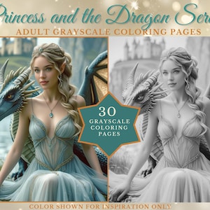 Fairy Princess and the Dragon Coloring Pages  – Grayscale Fantasy PDF | Adult Coloring Download | Fairy Tale Printable | Dragon Artwork