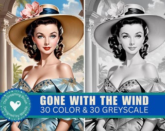 Gone with the Wind Coloring Pages – 30 Grayscale + 30 Color Vintage Southern Belle Art | Printable Junk Journal Kit for Adults, Scrapbooking