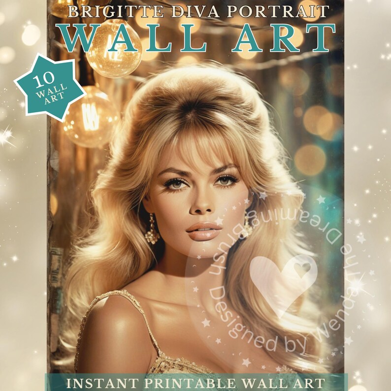 May include: A digital art print featuring a portrait of a woman with blonde hair and a glamorous style. The words "WALL ART" are prominently displayed. The image includes text that reads "INSTANT PRINTABLE WALL ART".