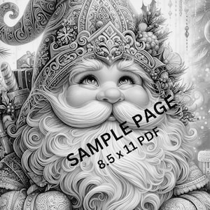 May include: A black and white illustration of a Santa Claus with a long white beard and a detailed hat. The Santa Claus is holding a bag of gifts and is surrounded by ornaments and other festive decorations. The image is labeled "SAMPLE PAGE 8.5 x 11 PDF".