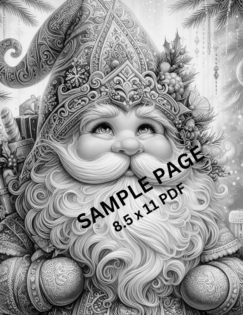 May include: A black and white illustration of a Santa Claus with a long white beard and a detailed hat. The Santa Claus is holding a bag of gifts and is surrounded by ornaments and other festive decorations. The image is labeled "SAMPLE PAGE 8.5 x 11 PDF".