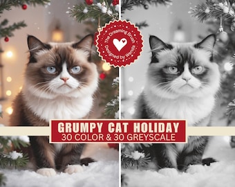 Grumpy Cat Art Holiday Coloring Book | Funny Christmas Printable | Full Color & Grayscale PDF