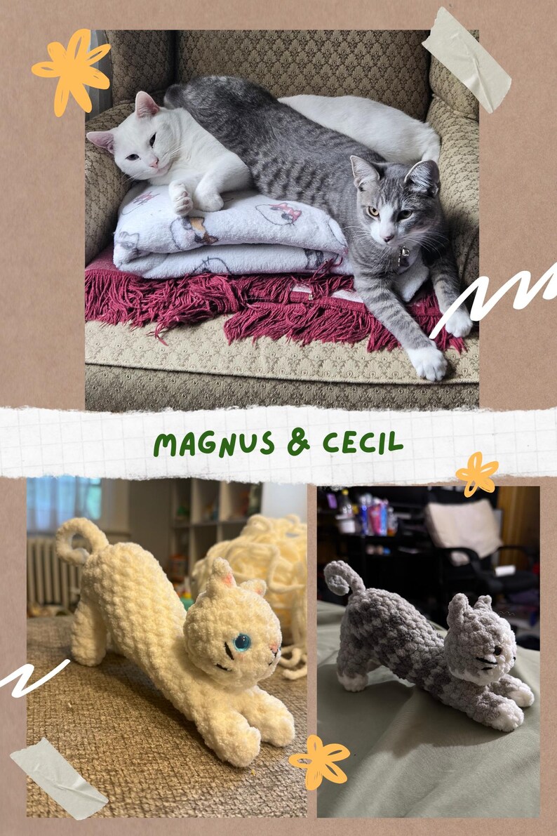 May include: A collage featuring two real cats and two crocheted cat figurines. The top image shows a white cat and a gray tabby cat resting on a patterned blanket. Below, two crocheted cats, one cream and one gray, are displayed. The text "MAGNUS & CECIL" is in the center.