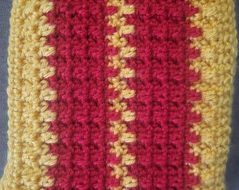 Beautiful, homemade warm scarf made in red and gold.  Will keep you warm throughout the winter months.