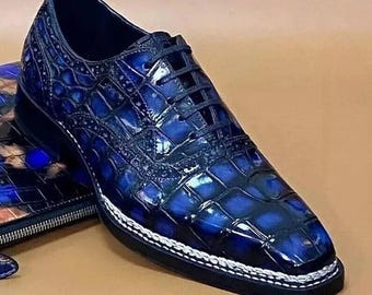 Men Handmade Blue Leather Shoes Crocodile Pattern Lace Up Formal Dress Casual