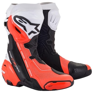 May include: Pair of high-performance motorcycle boots in red, black, and white. The boots feature a sleek design with the brand logo prominently displayed. They have a reinforced toe and heel, and a breathable mesh panel. The boots are designed for protection and performance.