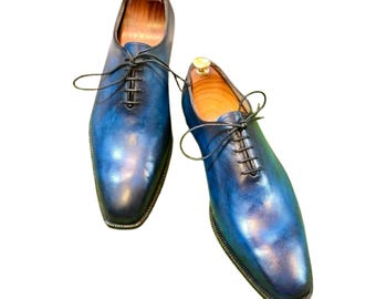 Handmade Blue Leather Oxford Shoes: Luxury Men's Dress Footwear