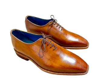 Handmade Brown Wooden Textured Leather Oxford Dress Shoes