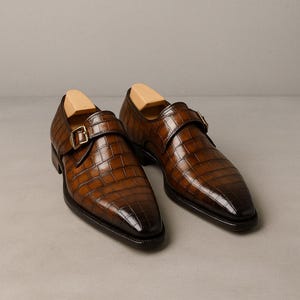 Men's Handmade Brown Crocodile Print Leather Dress Shoes