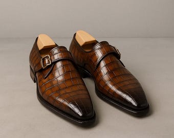 Herren handgefertigte braune Lederkleidschuhe mit Krokodildruck
