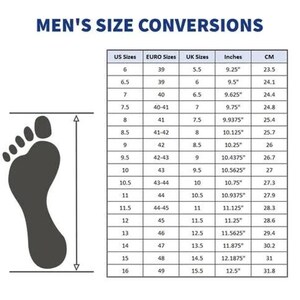 May include: A chart showing men's shoe size conversions in US, Euro, UK, inches, and centimeters. The chart shows sizes from 6 to 16 in US sizes.