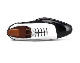 Handmade Two-Tone Brogue Oxford Shoes: Black & White Leather